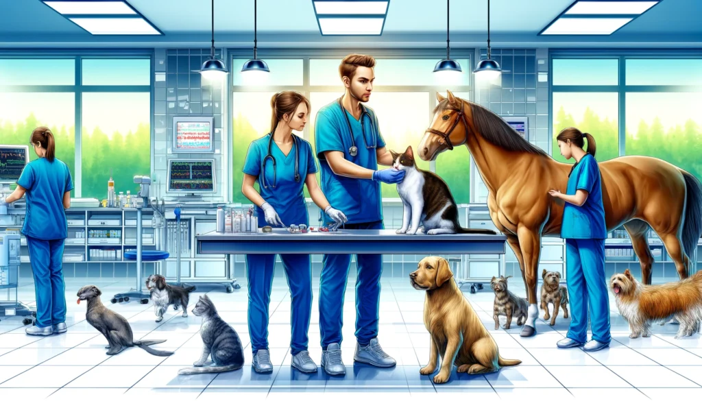National Agriculture Science Center - A detailed, vivid illustration of a veterinarian examining a variety of animals in a clinic setting. The scene includes a dog, a cat, and a horse, eac (2)